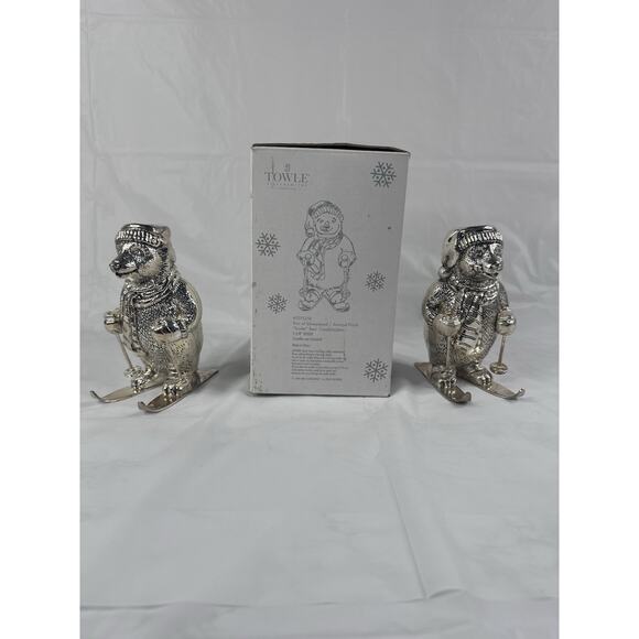 Vintage Towle Silverplate Skiing Polar Bear Candle Holders Christmas Winter - Picture 1 of 7